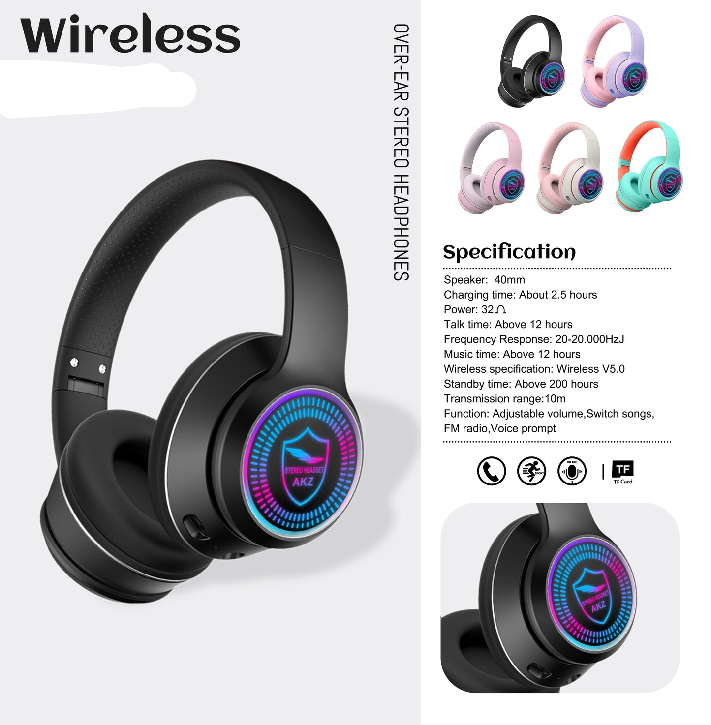 High Quality Wireless Bluetooth Headset with RGB Light