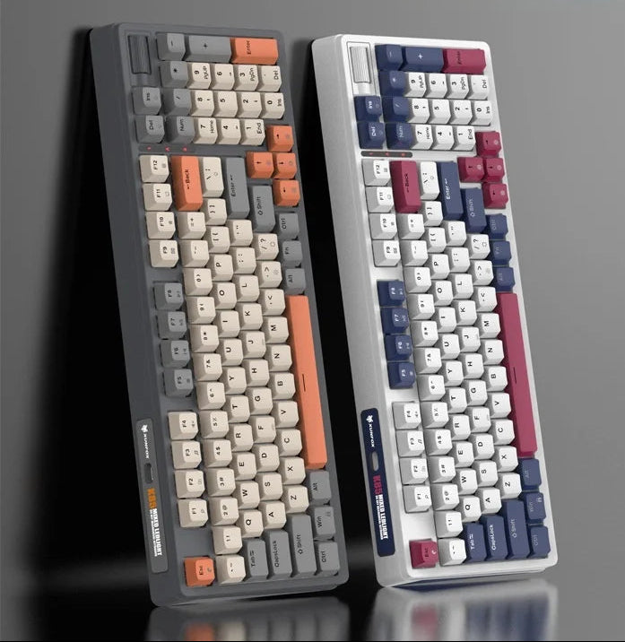 Dual mechanical keyboards in gray and white with colorful keycaps, perfect for gamers and typists.