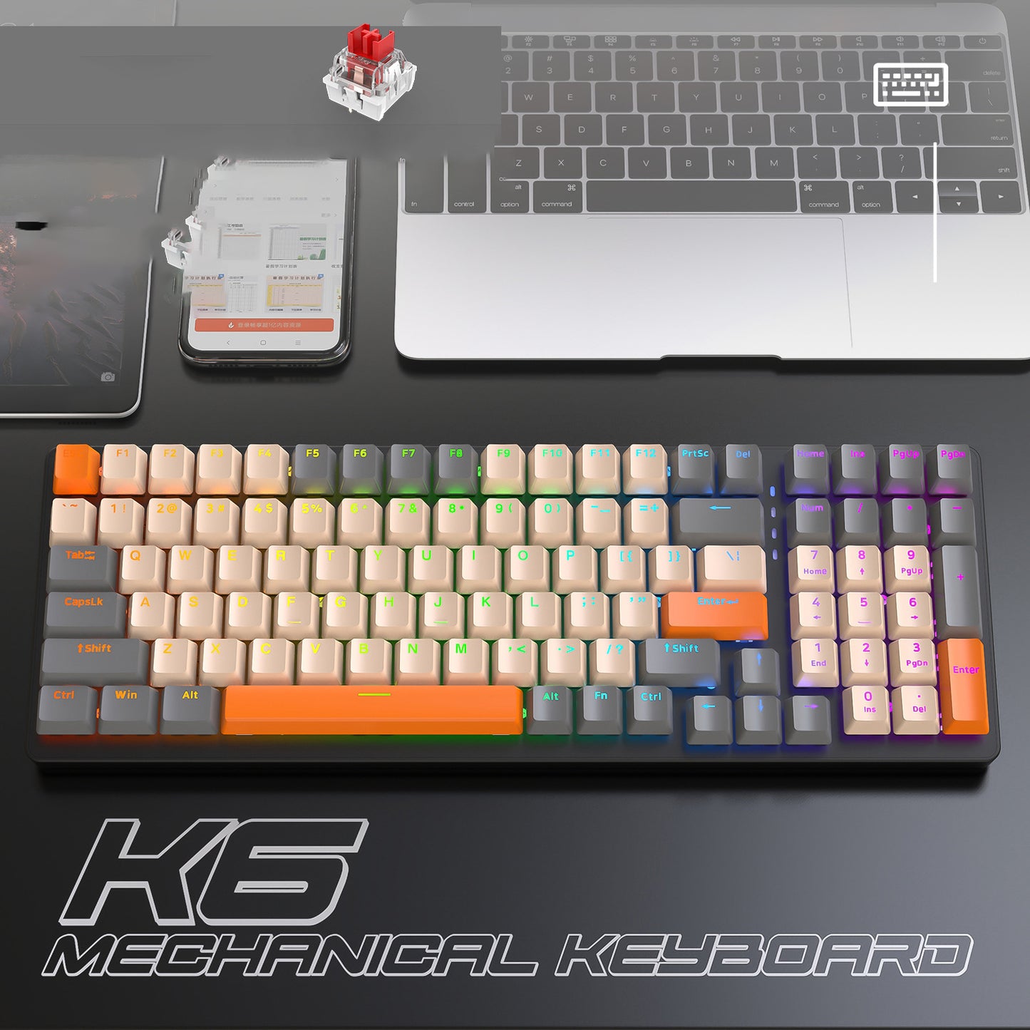 K6 mechanical keyboard with RGB backlight, orange and gray keys, and customizable key switches.