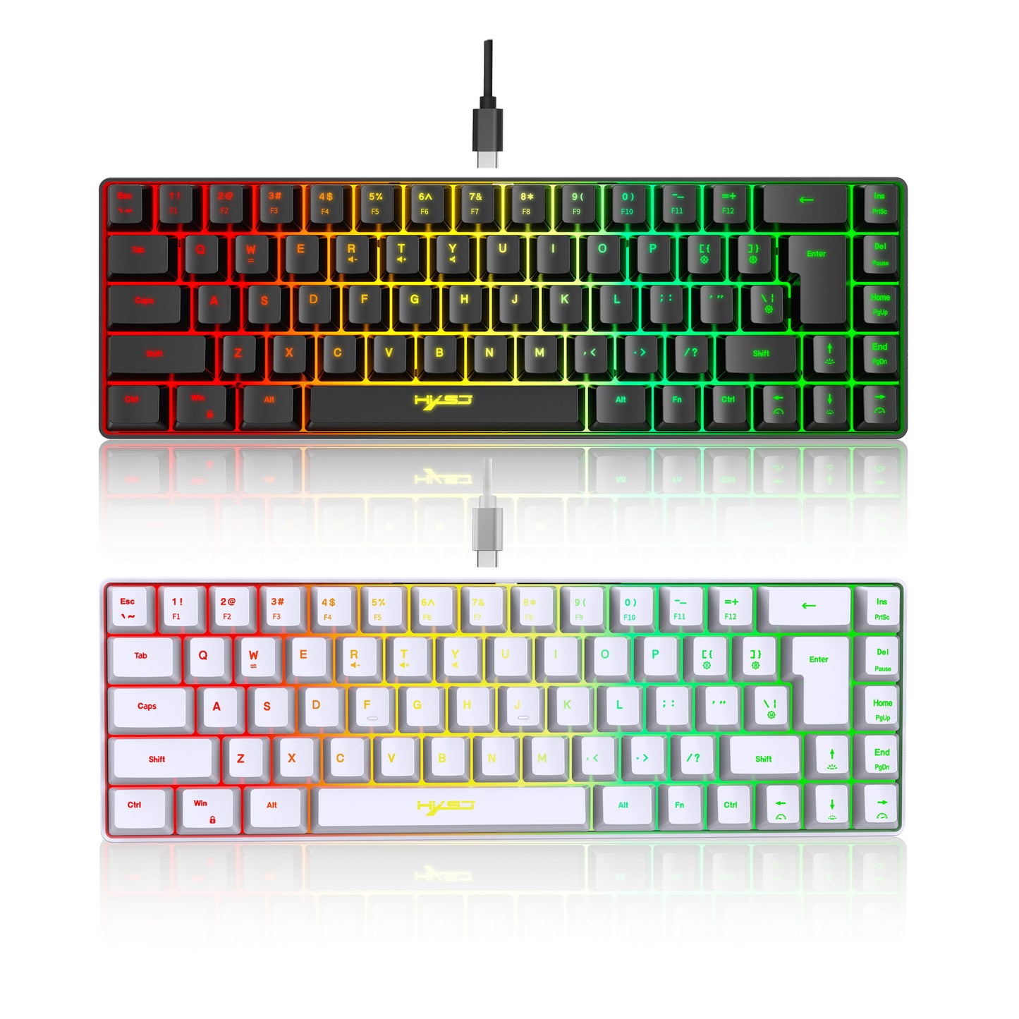 RGB mechanical gaming keyboard in black and white with customizable lighting effects and USB connection.