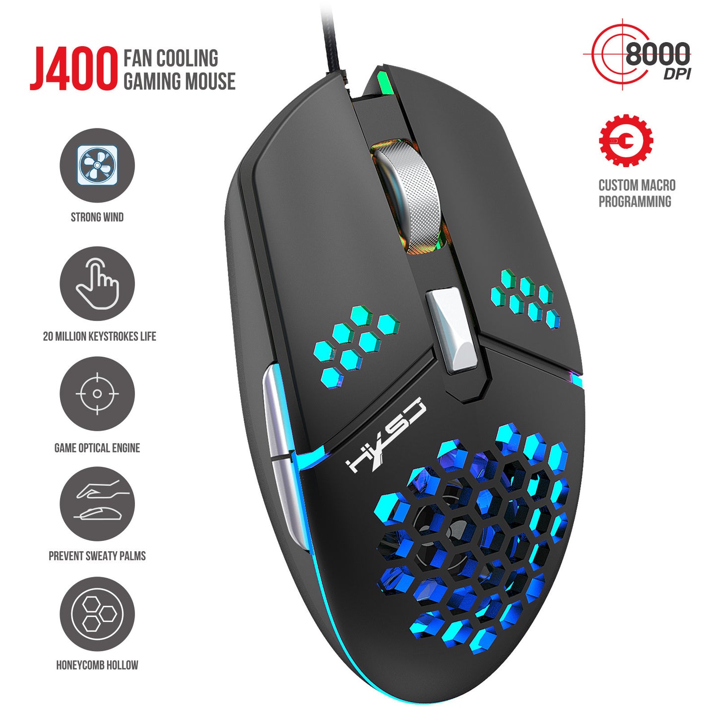 Fan Macro Gaming Mouse - 8000DPI Adjustable