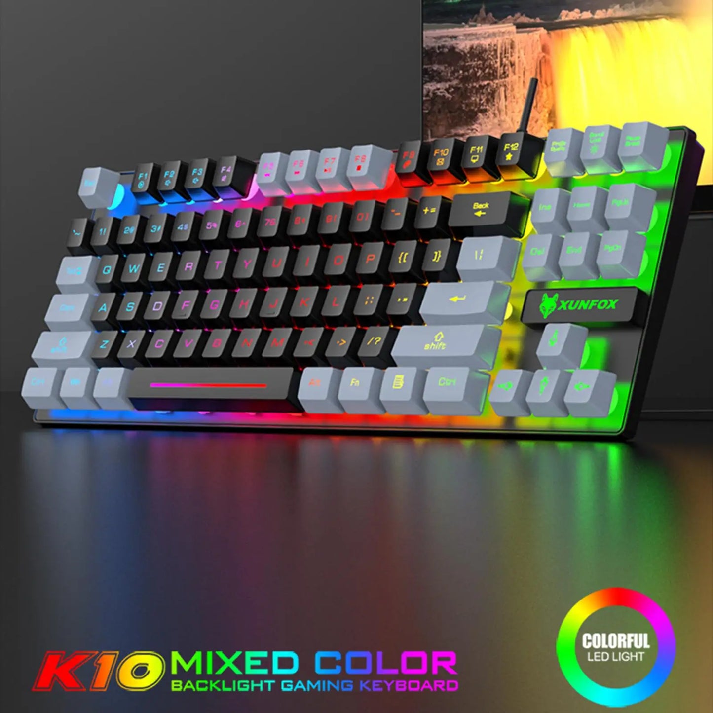 K10 mixed color backlight gaming keyboard with colorful LED lights and ergonomic design.