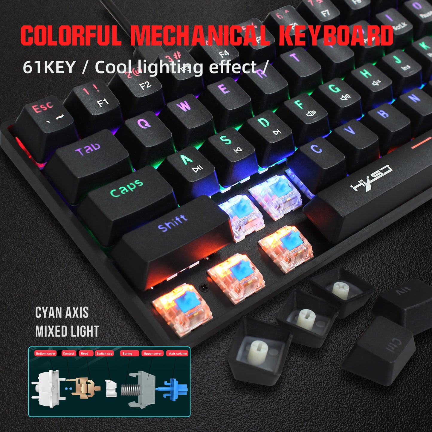 Mechanical 61 Wired RGB Keyboard with Blue Switches for Gaming and Office Use