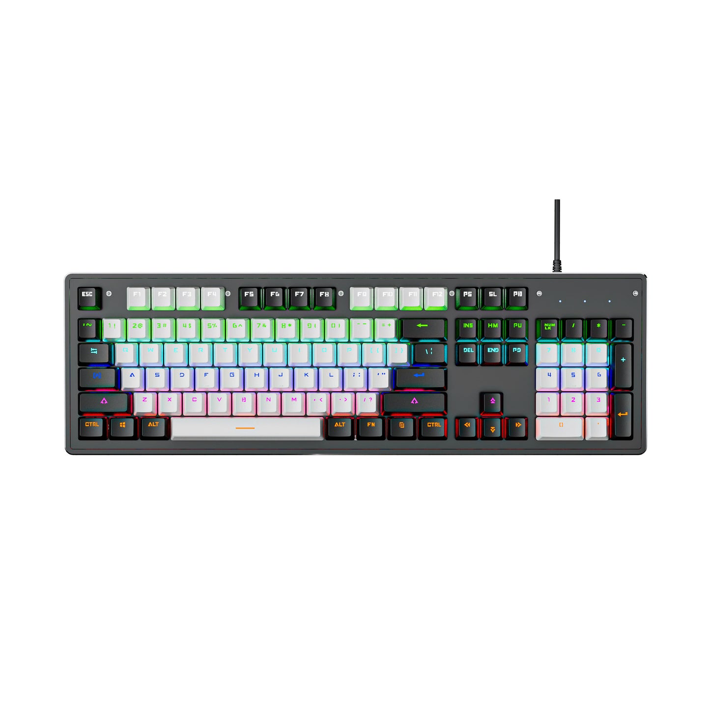 RGB mechanical gaming keyboard, black color, customizable lighting, durable keycaps, wired connection.