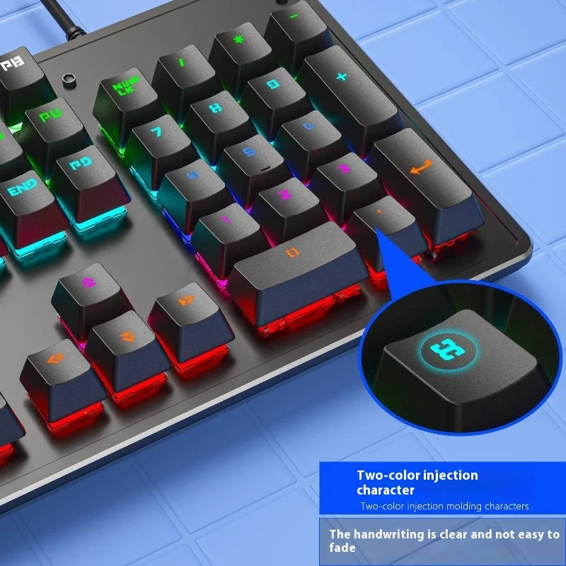 RGB gaming keyboard with two-color injection keys, black base, and customizable backlighting.