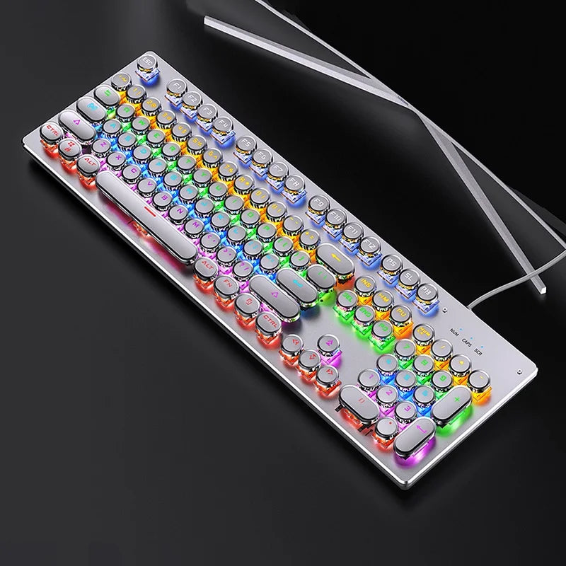 Retro mechanical keyboard with RGB backlighting, silver finish, and round keycaps for vibrant aesthetic.