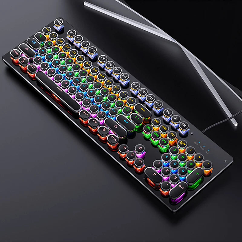 Retro mechanical keyboard with colorful RGB backlighting and round keycaps, ideal for gaming and typing.
