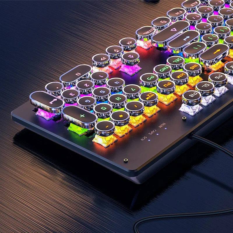 Retro mechanical keyboard with colorful backlit keys and metal base, ideal for gaming and typing.