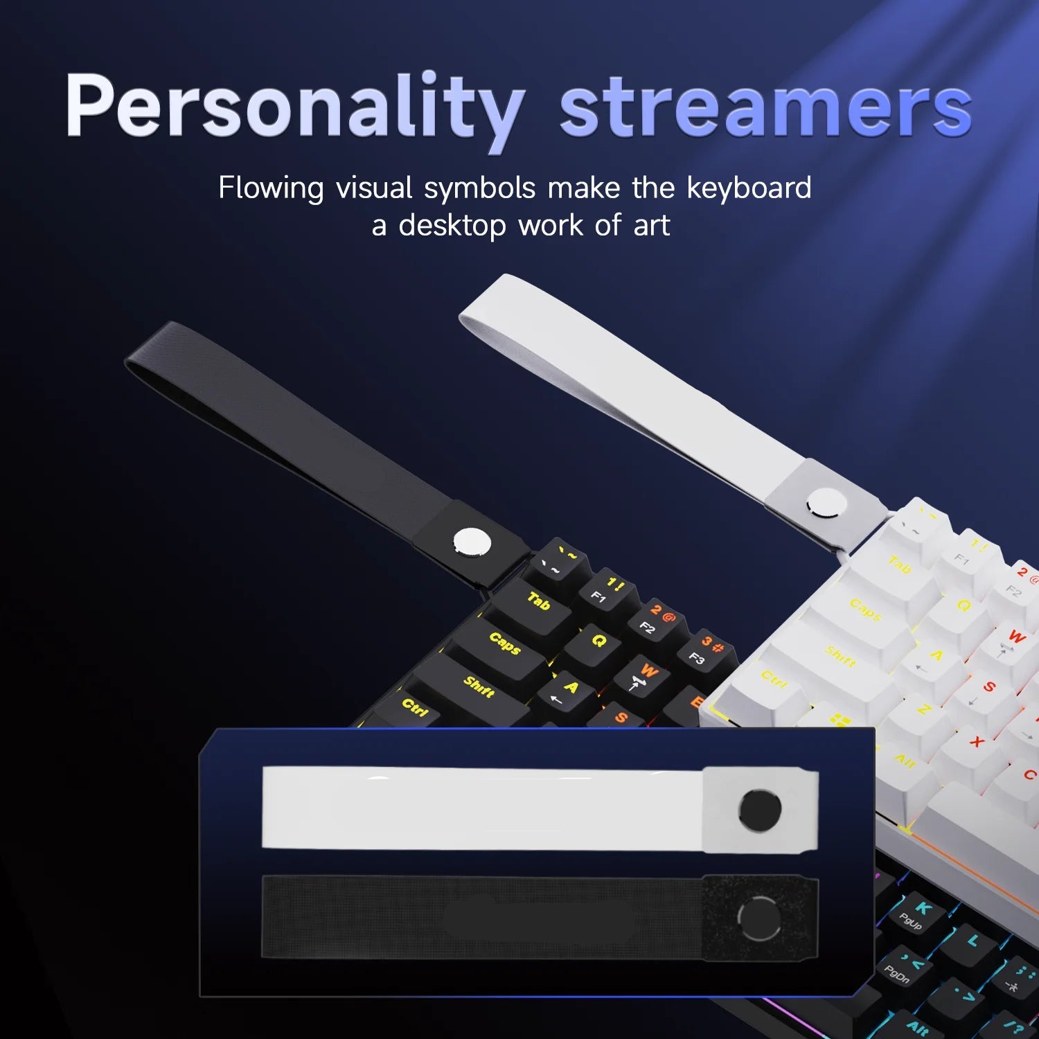 Two personality streamers in black and white for customizable mechanical keyboards.