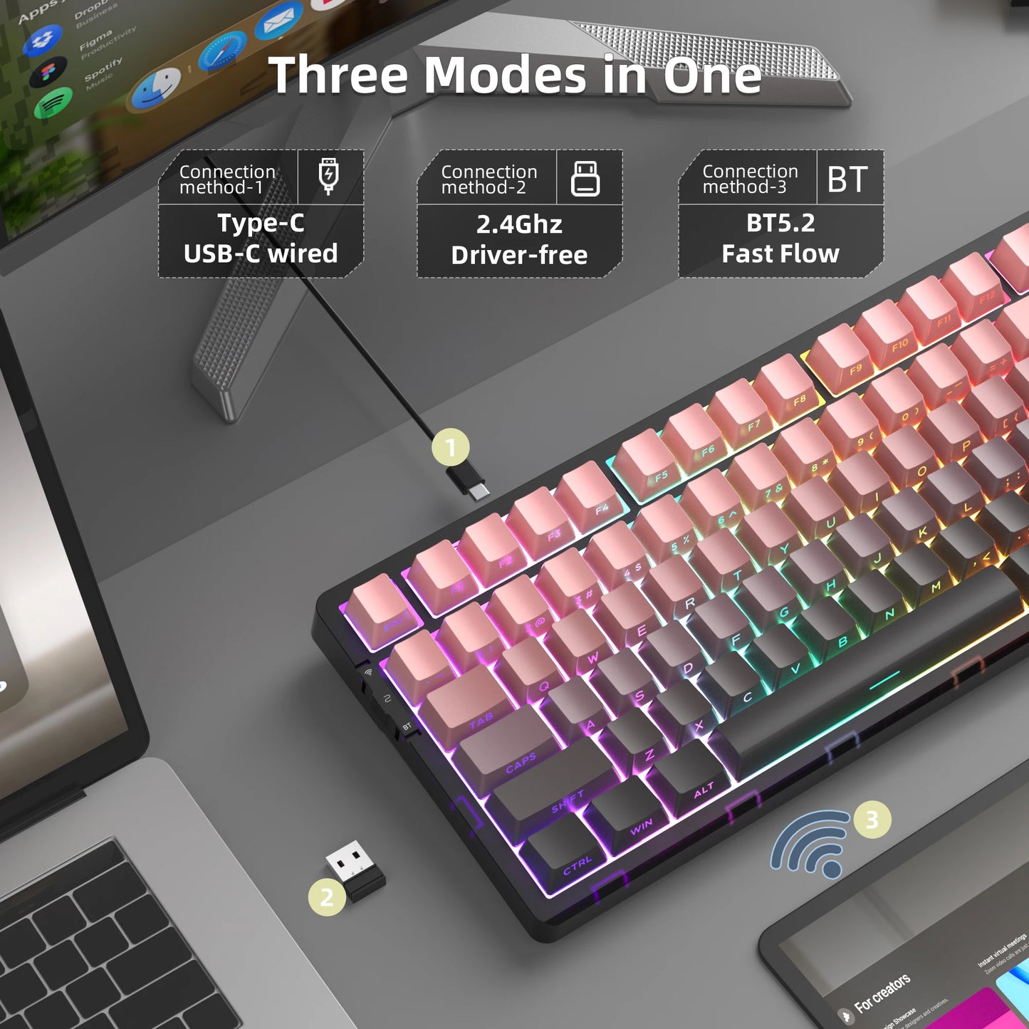 Wireless mechanical keyboard in pink and black with RGB lighting, Type-C, and Bluetooth 5.2 connectivity.
