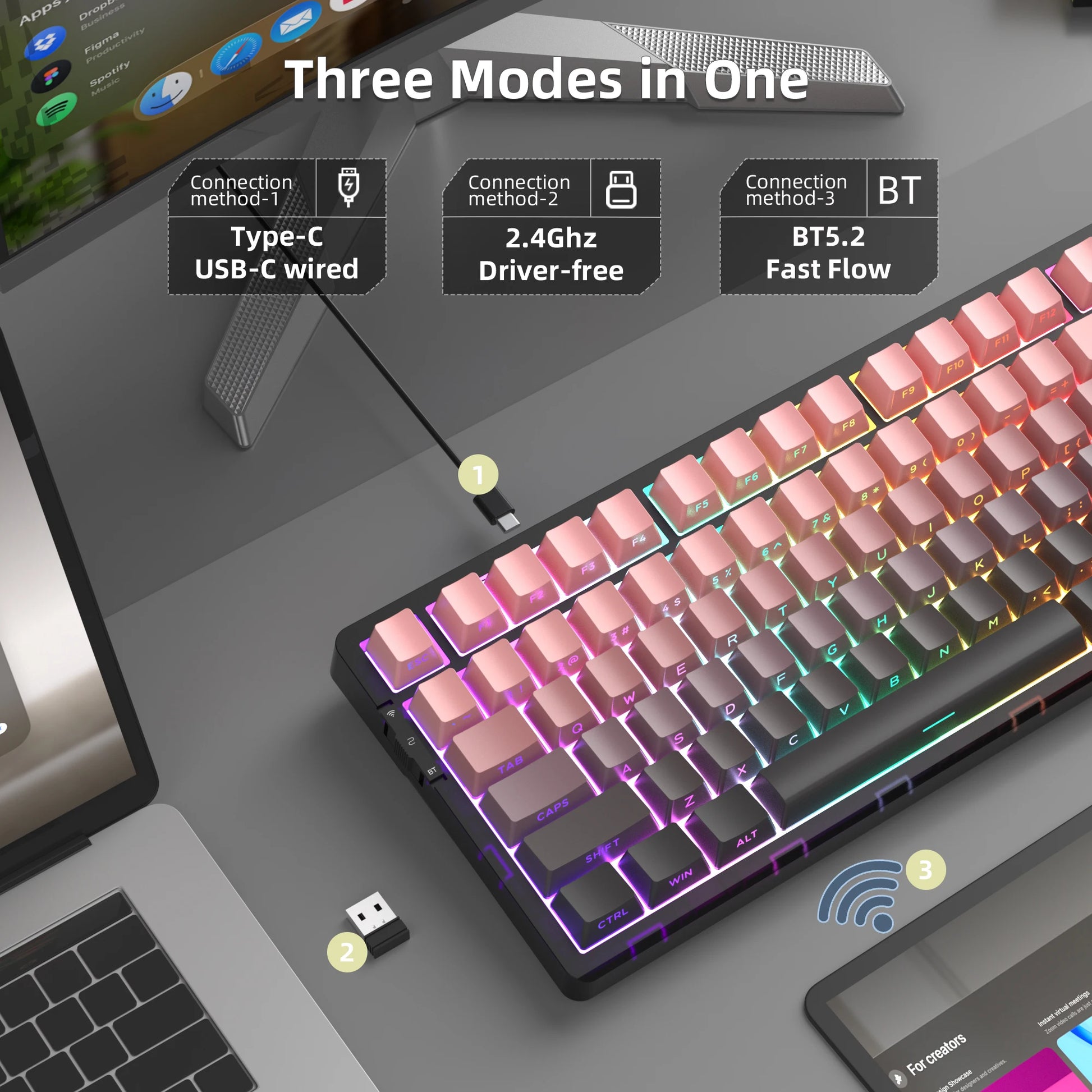 Wireless mechanical keyboard in pink and black with RGB lighting, Type-C, and Bluetooth 5.2 connectivity.