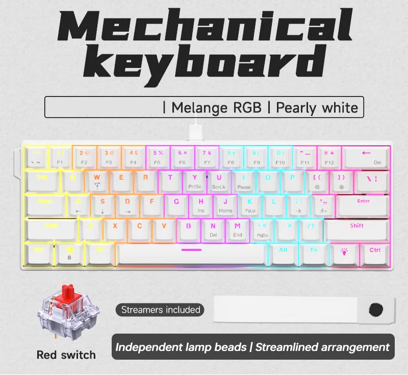 Pearly white mechanical keyboard with Melange RGB, red switches, and streamlined arrangement.