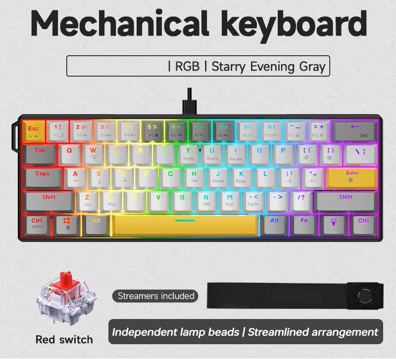 Starry Evening Gray mechanical keyboard with RGB lighting, red switch, and streamlined key arrangement.
