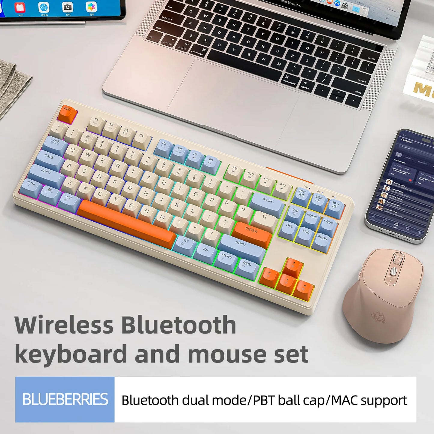 Wireless Bluetooth keyboard and mouse set, colorful PBT keycaps, dual mode, compatible with Mac.