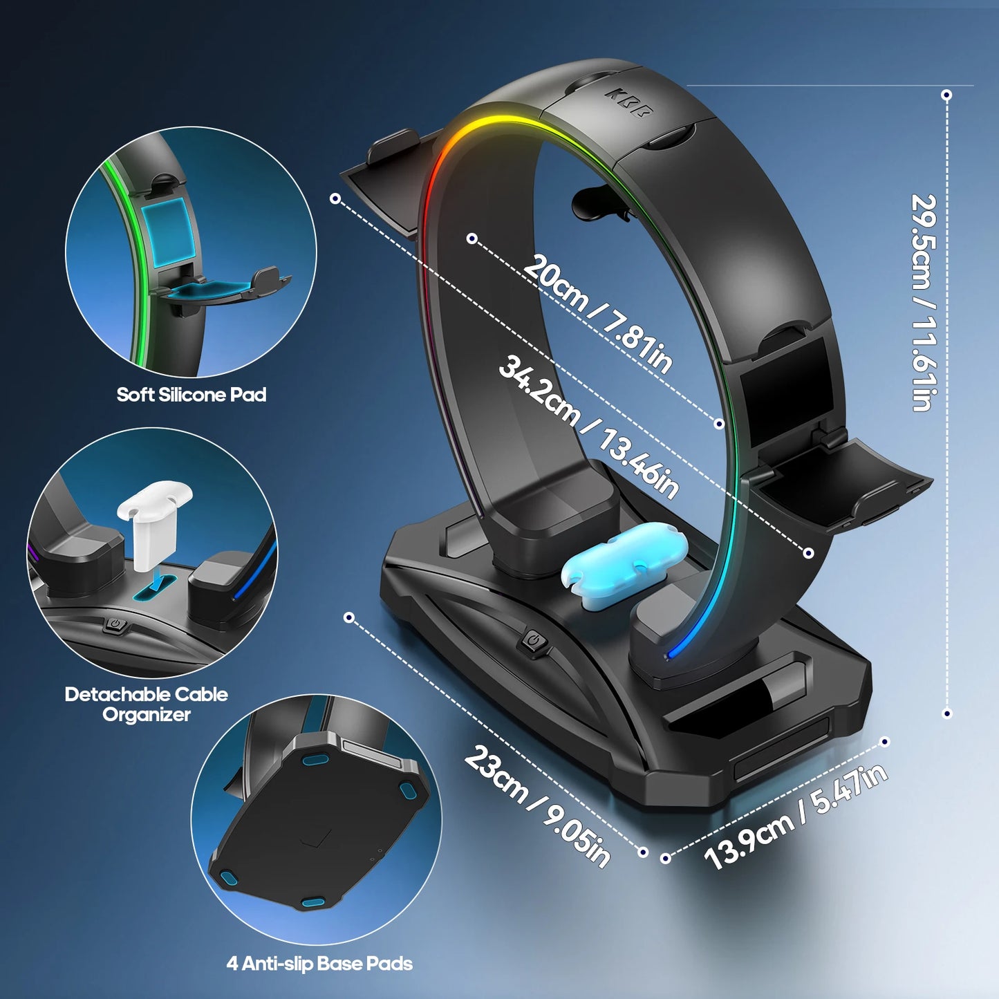 Headphone & Controller Stand with 9 Light Modes - Foldable Controller Hanger for Desk - Earphone Stand with Cable Organizer