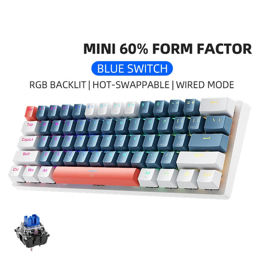 Mini 60 Percent Mechanical Keyboard 61 Keys Hot Swappable RGB Backlit USB C