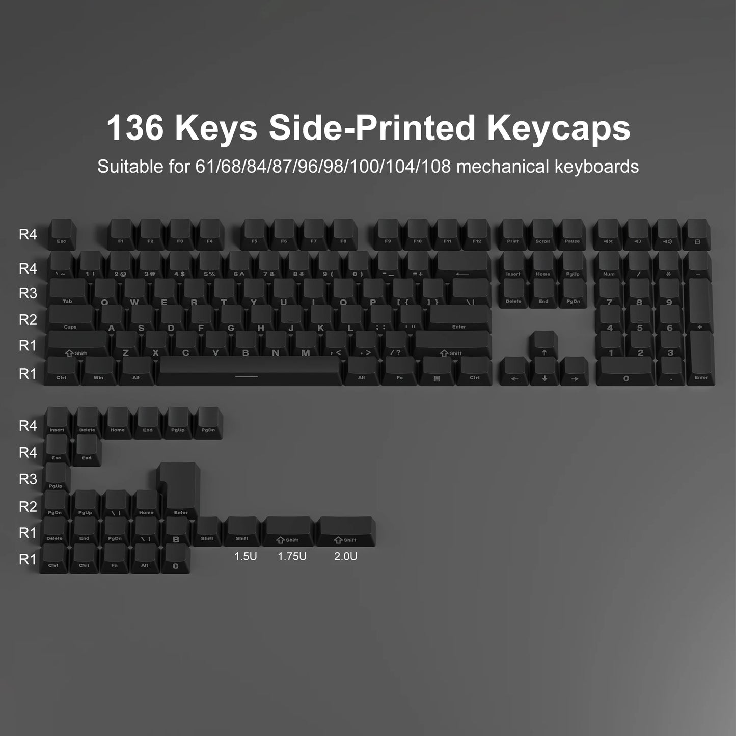 136-Key Black Side-Lit Backlit Keycaps for MX Switch Mechanical Keyboard