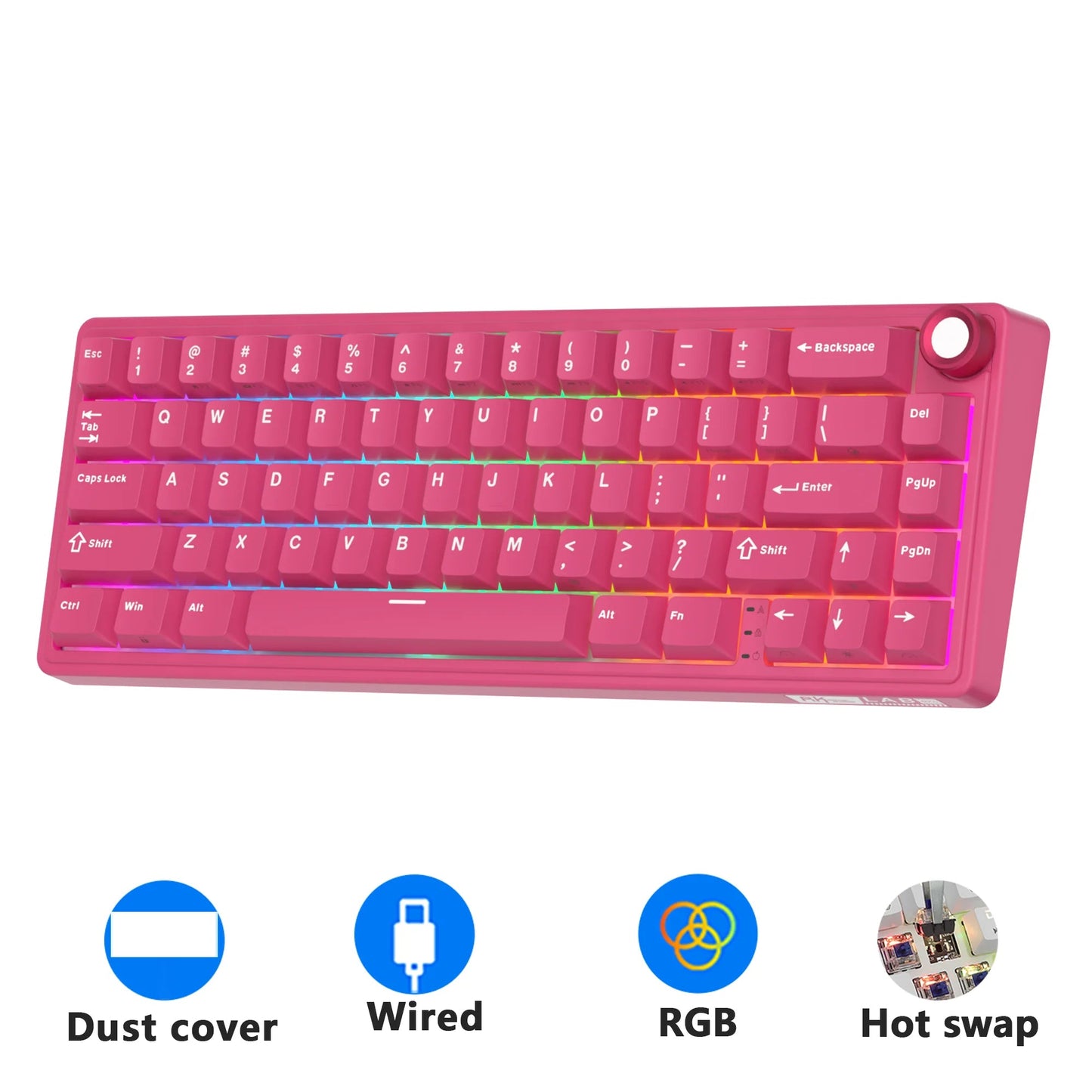 Gasket Mechanical Keyboard 65% 66-Key, RGB Backlit, Hot-Swappable, Wired, Volume Knob