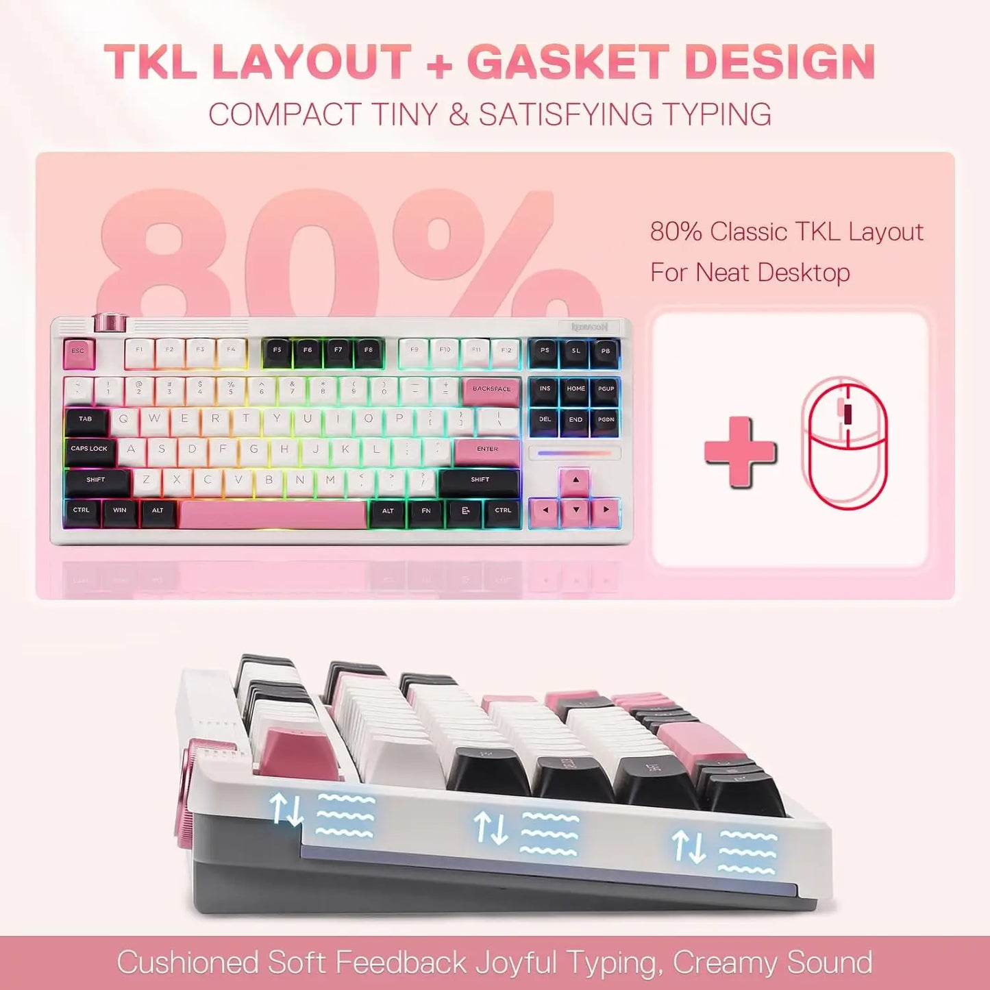80% Wired Gasket RGB Gaming Keyboard with 87-Key TKL, Mechanical Hot-Swap, South-Facing Socket, and 5-Layer Dampener