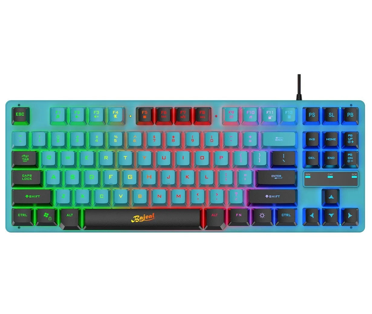 RGB backlit mechanical keyboard with colorful keys, sleek design, and customizable lighting effects.