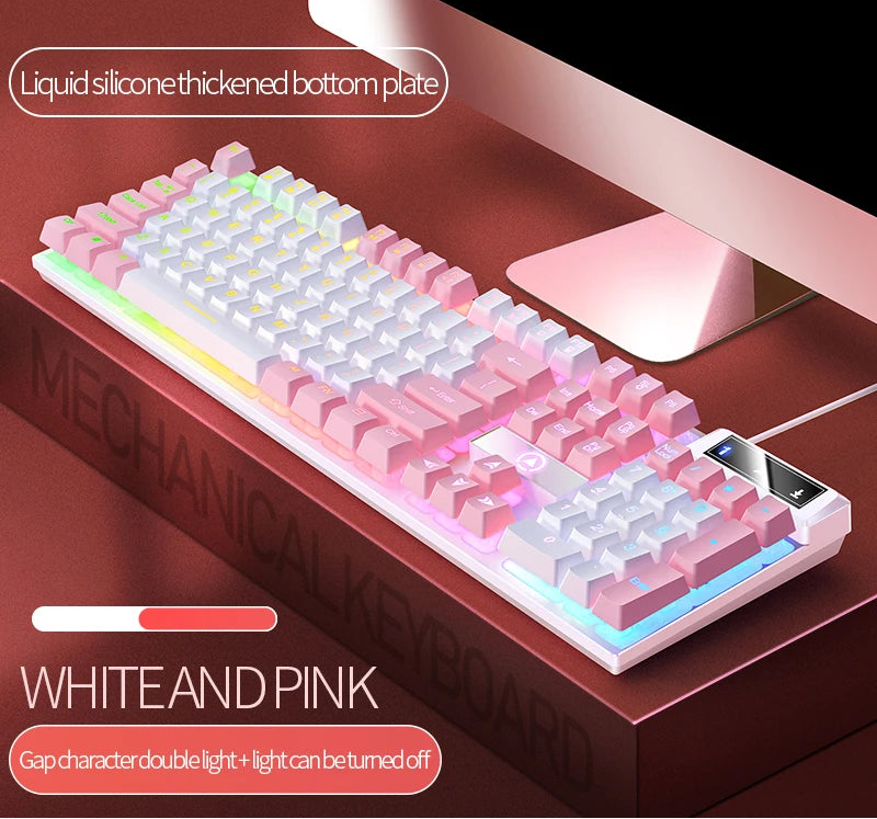 Pink Keyboard With White Pink Keycaps 104 Keys Wired Gaming Keyboard