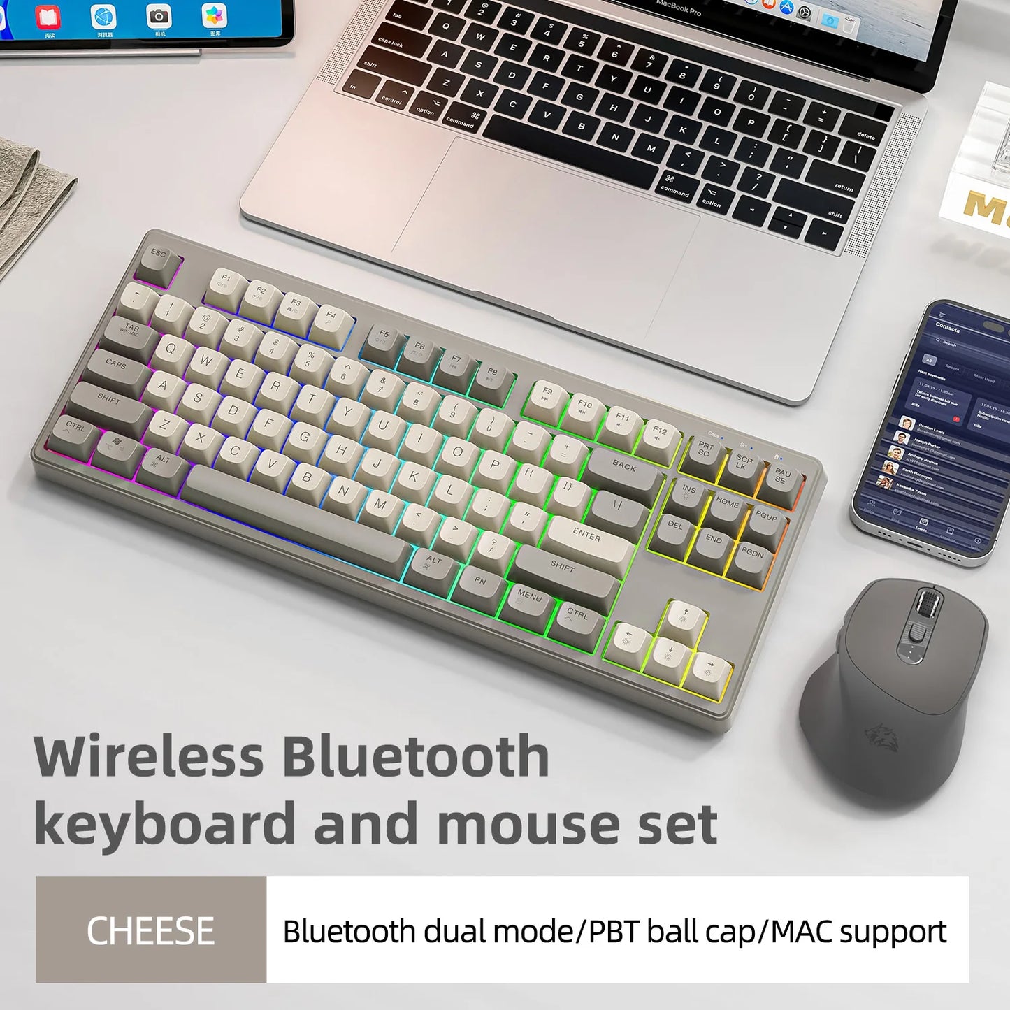 Wireless Bluetooth keyboard and mouse set, dual mode, PBT keycaps, compatible with Mac, stylish design.