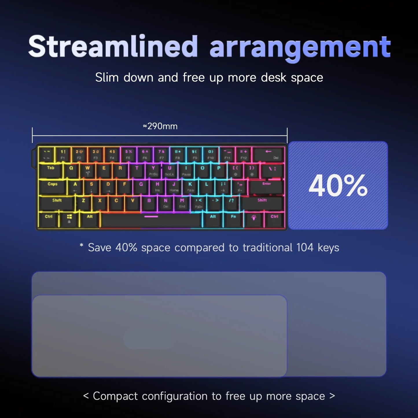 Compact 40% mechanical keyboard with colorful backlighting, measuring 290mm for space-saving desk setups.