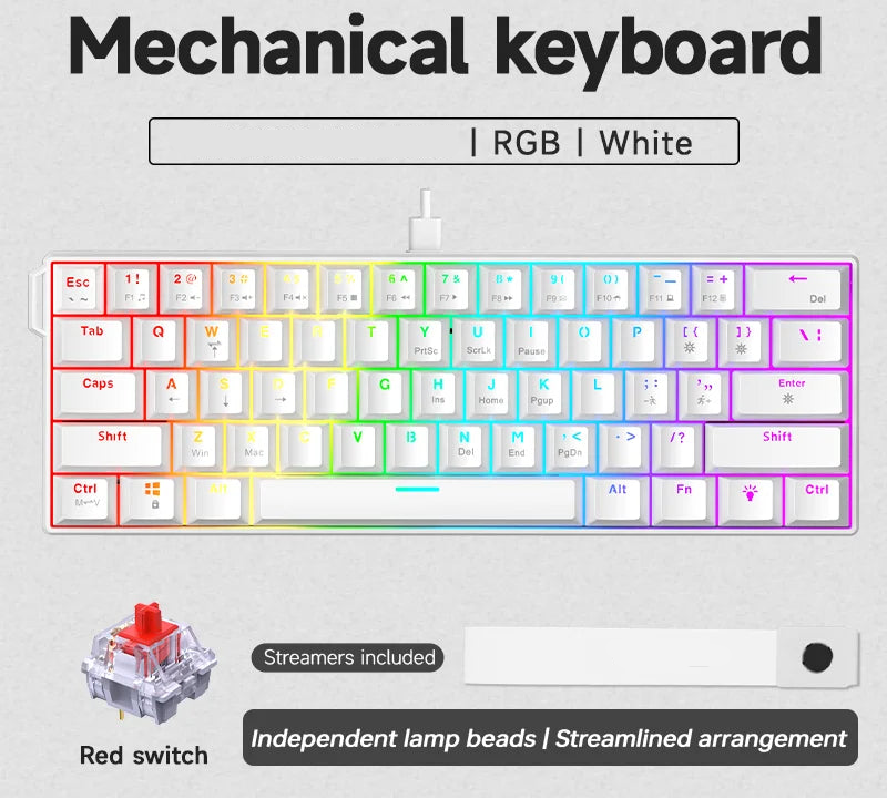 White RGB mechanical keyboard with red switches and independent lamp beads. Streamlined design.