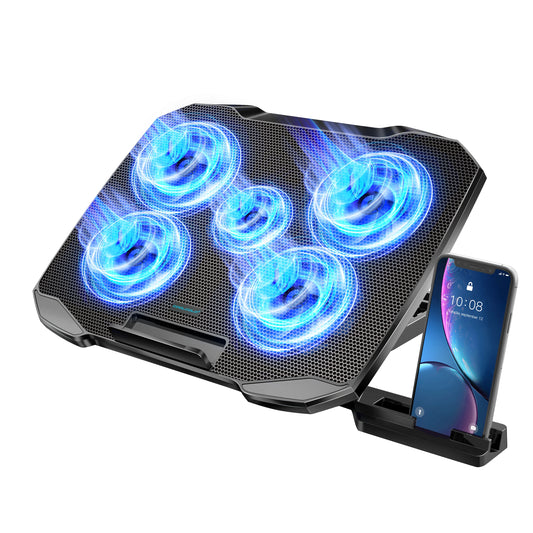 Laptop Cooling Pad 12-17 Inch 5 Quiet Fans Adjustable Stand Phone Holder