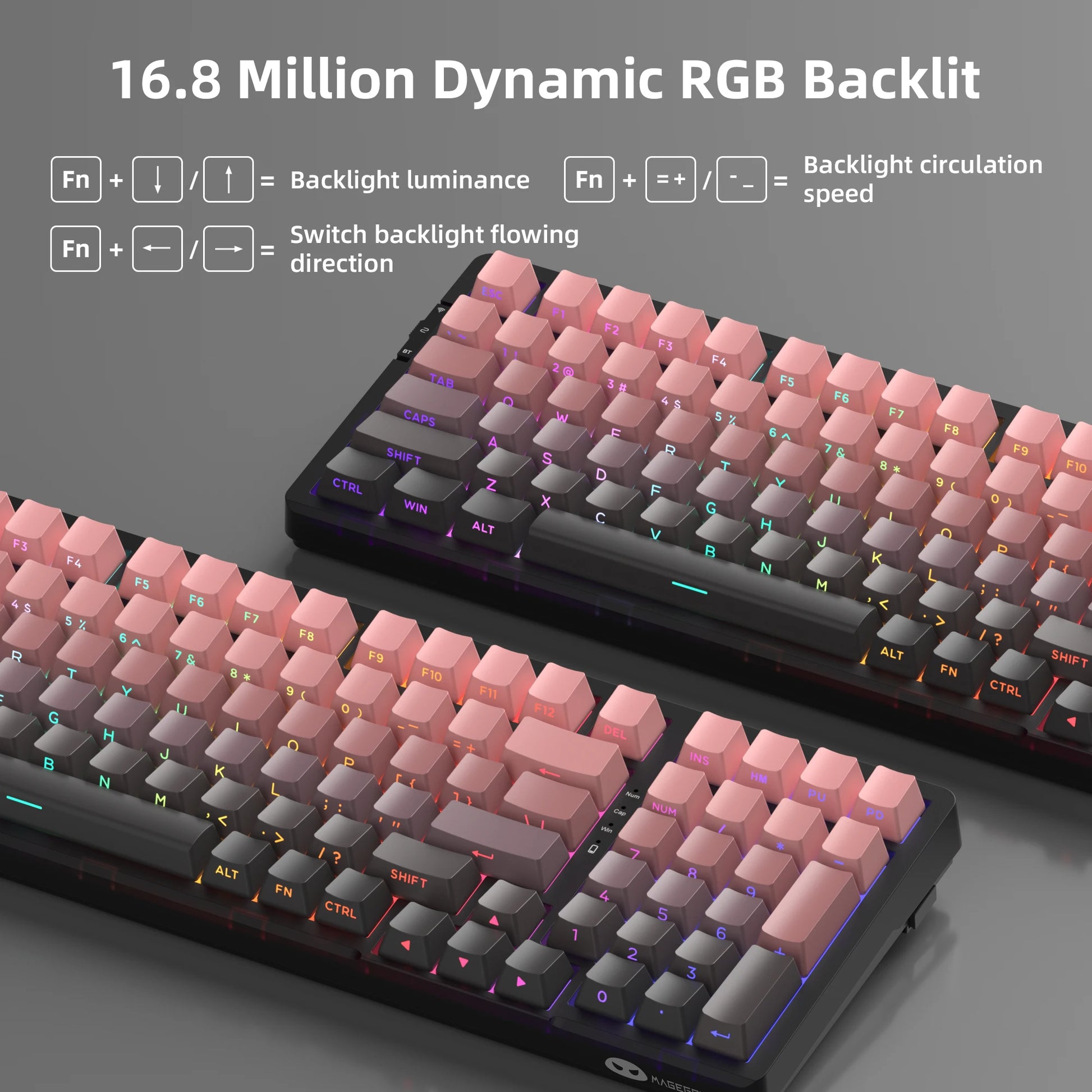 Mechanical gaming keyboard with 16.8 million RGB backlight, pink and black design, customizable lighting features.
