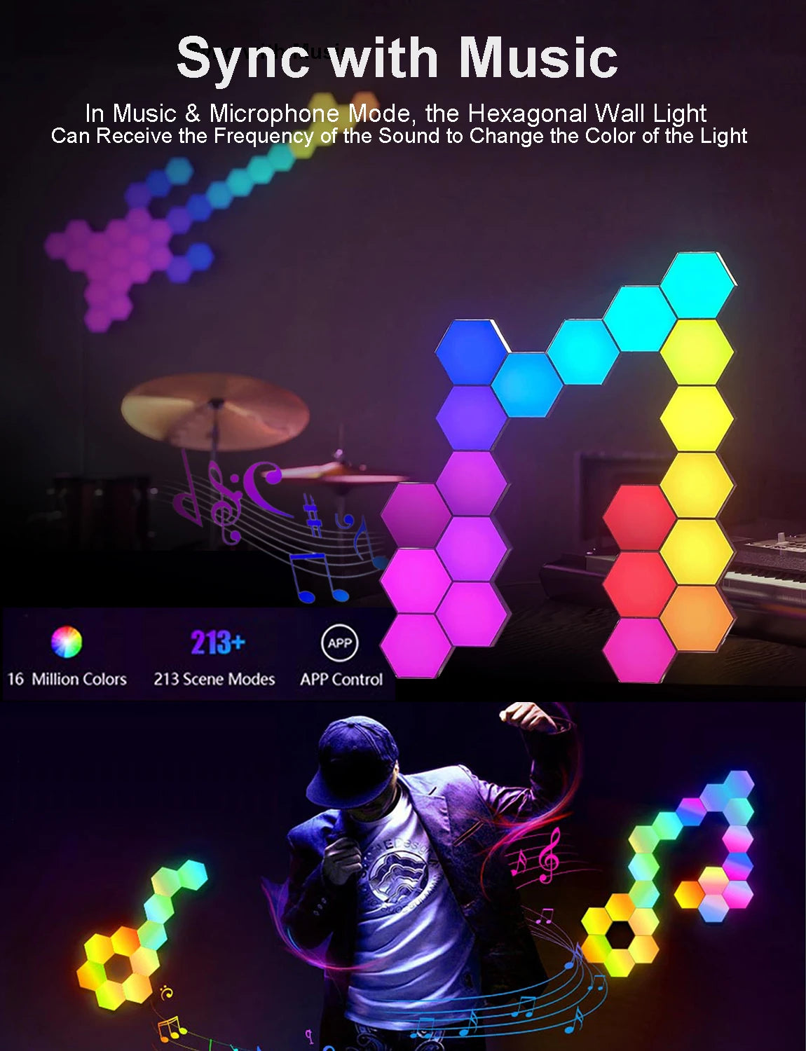 RGB Hexagonal Smart Wall Lamp App Control With Color Changing Night Light