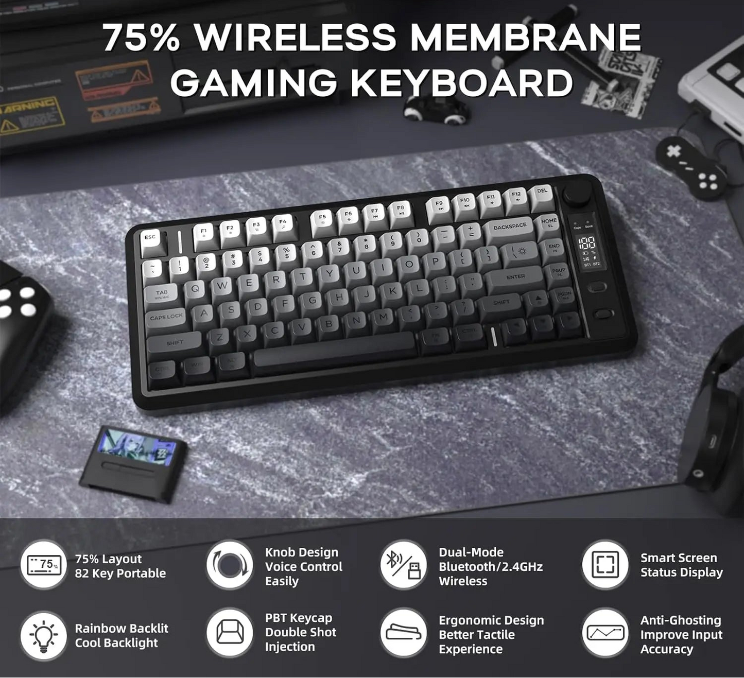 75% wireless gaming keyboard with PBT keycaps, rainbow backlight, ergonomic design, and dual-mode connectivity.