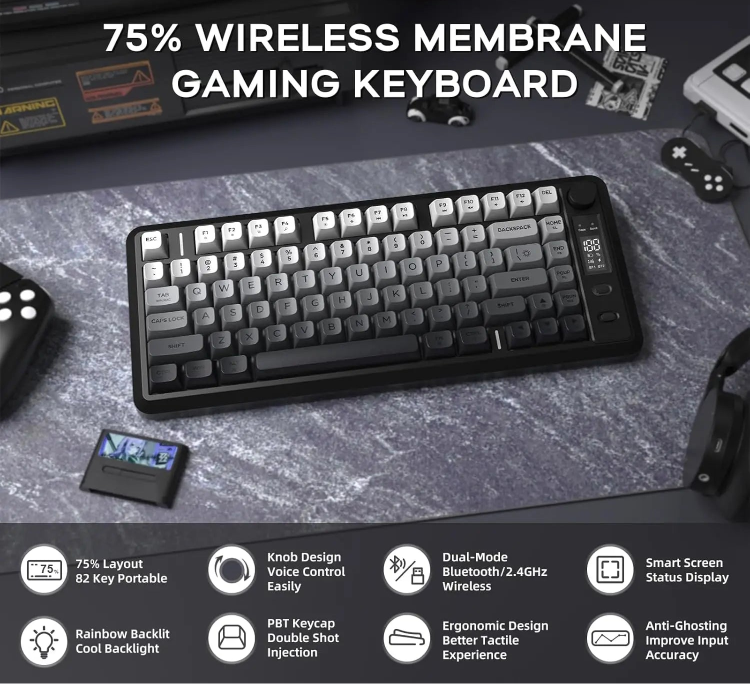 75% wireless gaming keyboard with PBT keycaps, rainbow backlight, ergonomic design, and dual-mode connectivity.