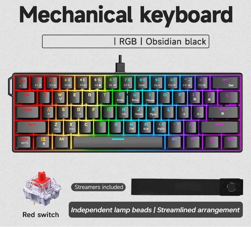 Obsidian black mechanical keyboard with RGB lighting, red switches, and compact design.