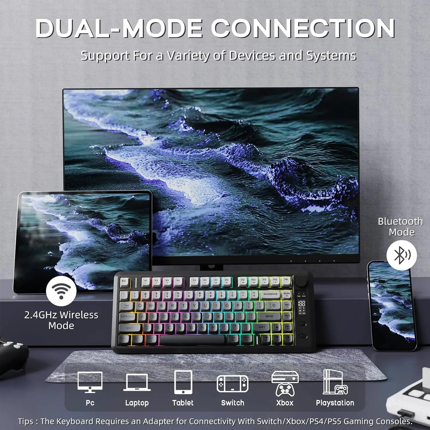 Dual-mode wireless RGB keyboard in black, compatible with PC, tablet, and gaming consoles.
