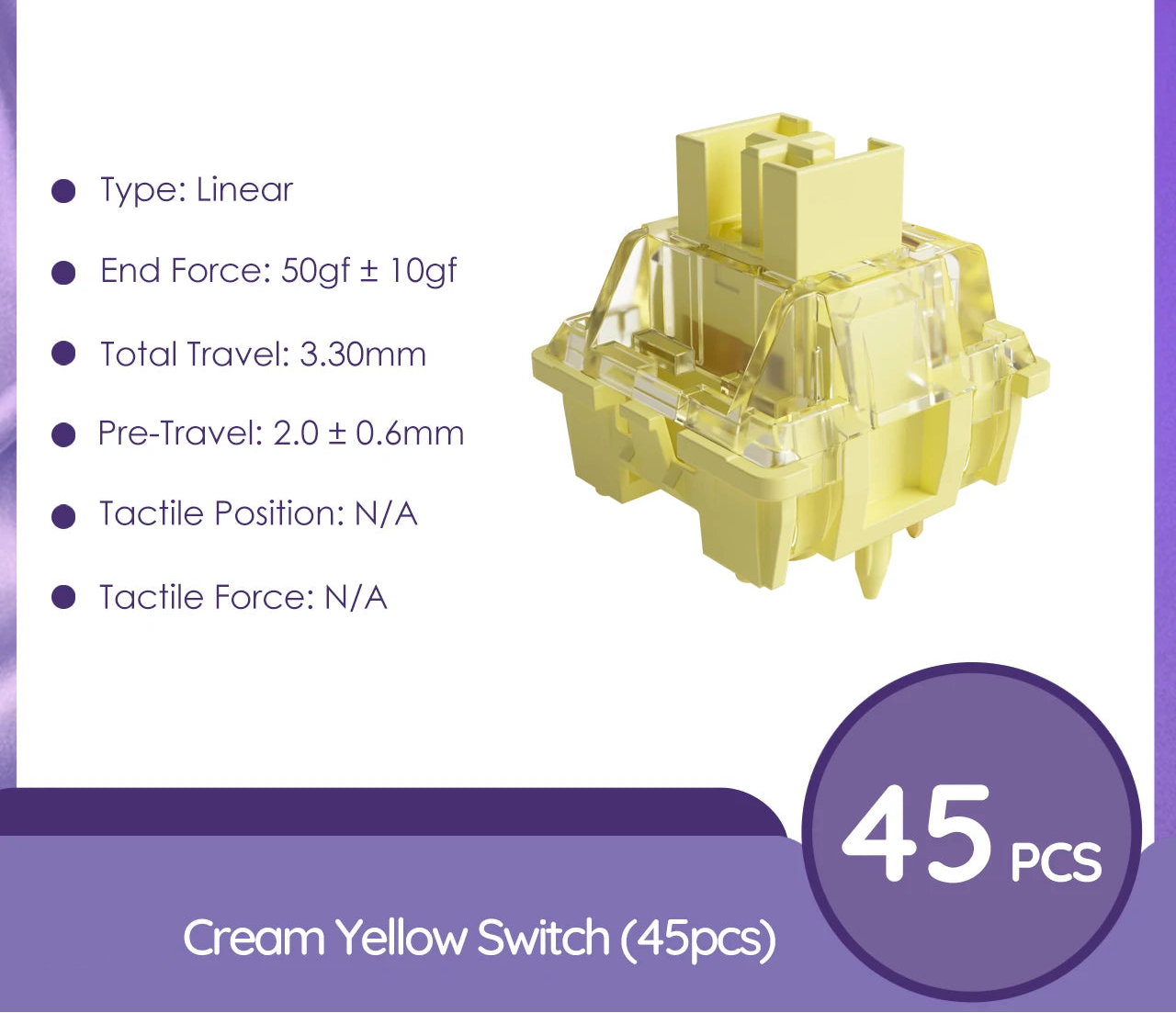 Cream Yellow Pro 5 Pin 50gf Linear Dustproof Stem MX Keyboard Switches 45pcs