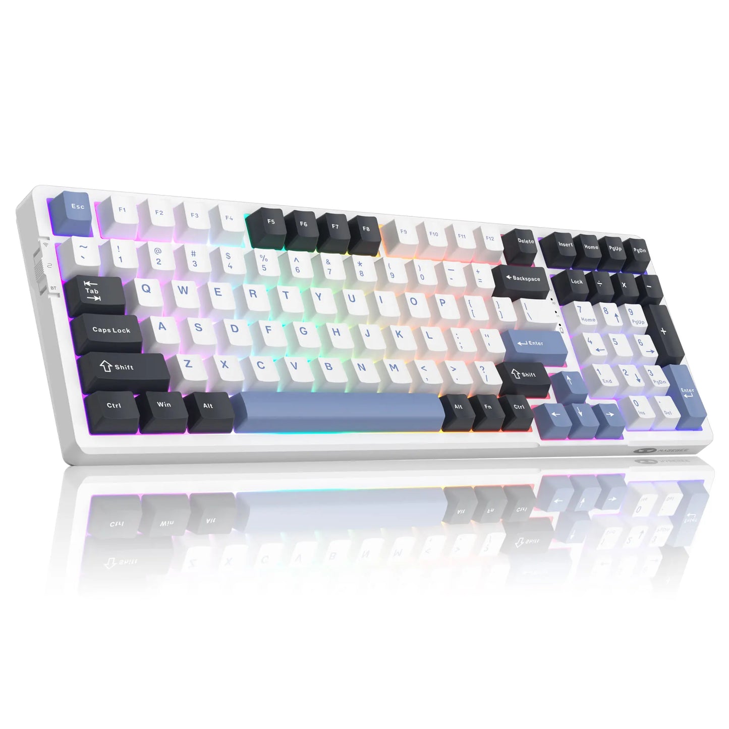 White RGB mechanical keyboard with customizable backlit keys and compact design for gaming and typing.
