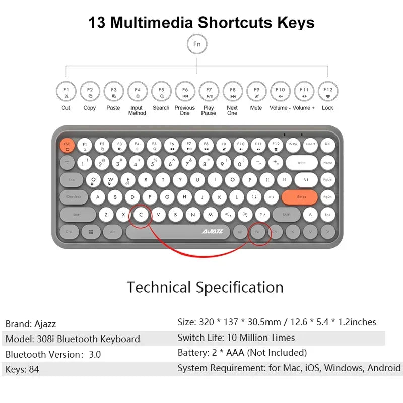 Wireless Bluetooth Keyboard 84 Keys Rechargeable Retro Typewriter Round Keycaps