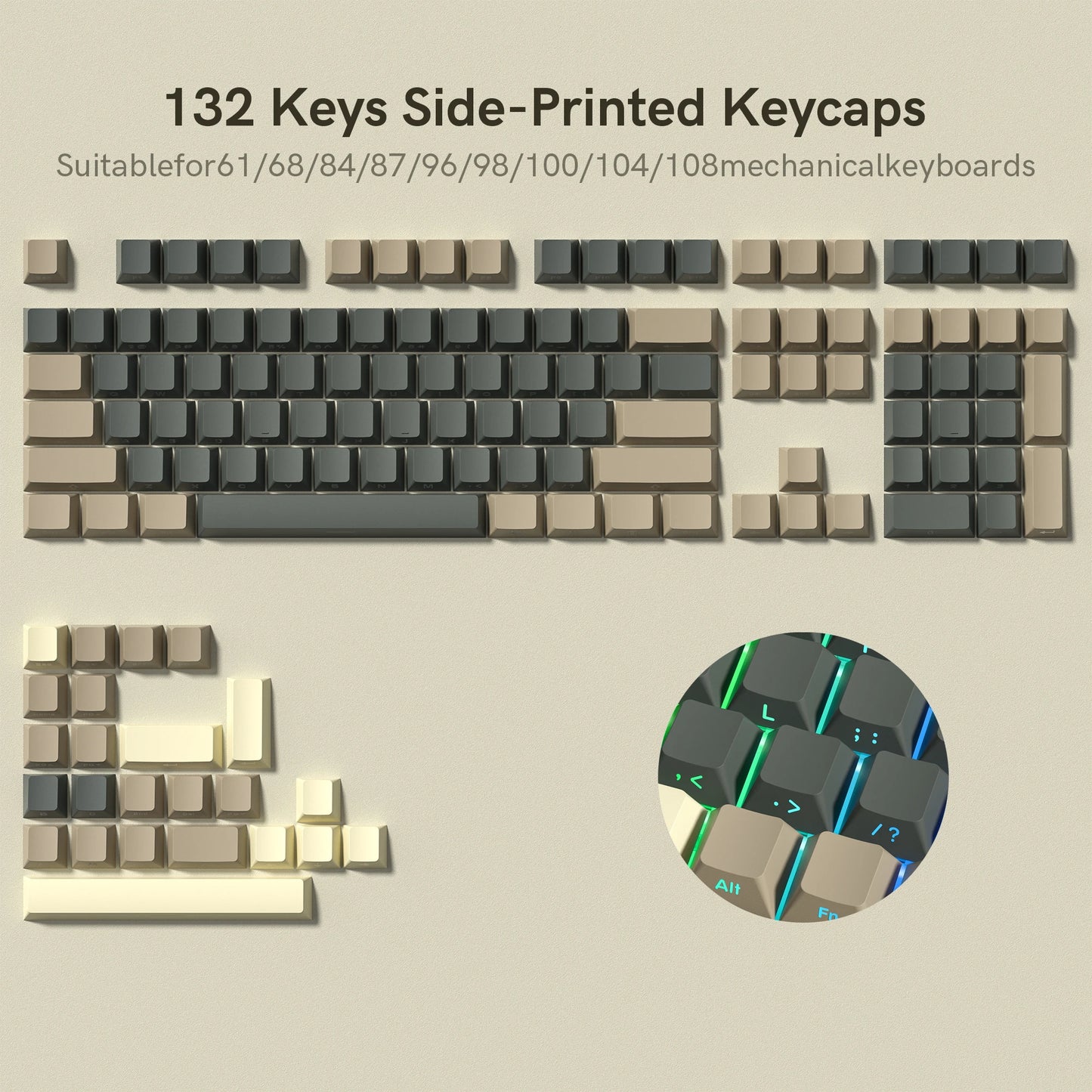 136-Key Black Side-Lit Backlit Keycaps for MX Switch Mechanical Keyboard