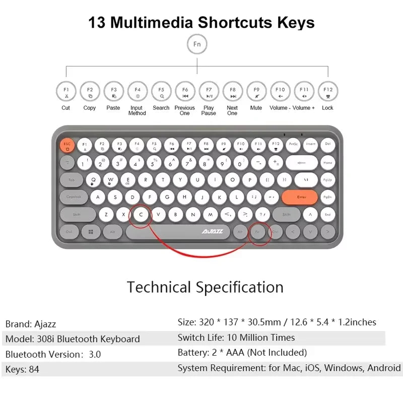 Wireless Bluetooth Keyboard 84 Keys - Retro Style