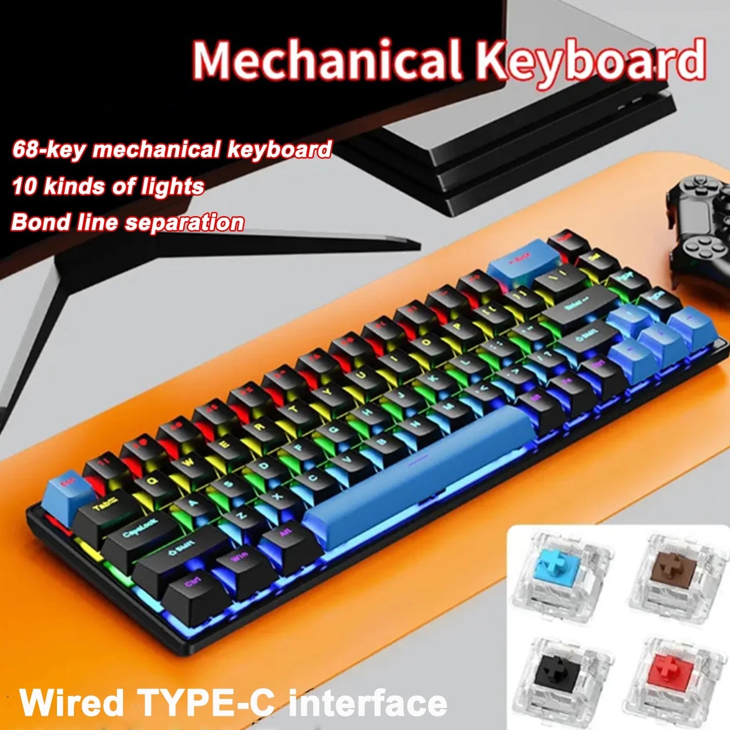 65% Mechanical Keyboard With RGB Backlighting Compact 68 Keys Wired