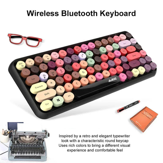 Wireless Bluetooth Keyboard 84 Keys Rechargeable Retro Typewriter Round Keycaps