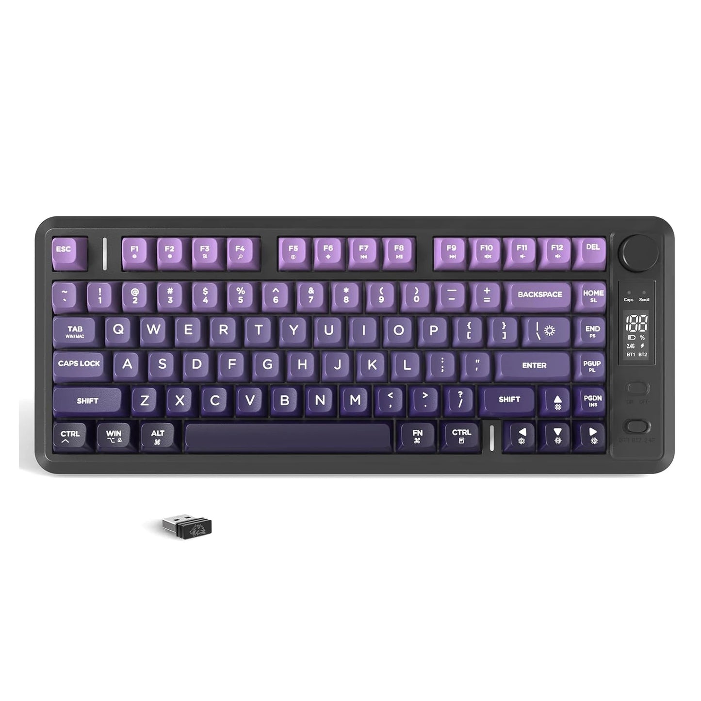 Wireless purple mechanical keyboard with customizable keys and backlight, USB dongle included.