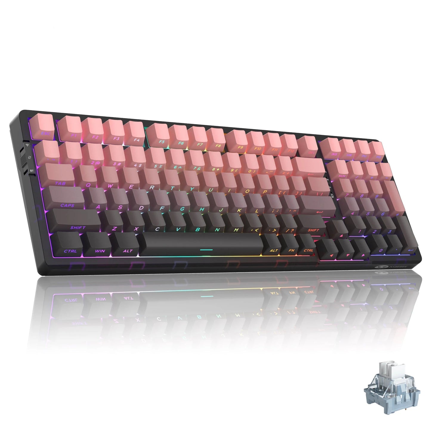 RGB mechanical keyboard with translucent pink keys, sleek design, and customizable lighting effects.