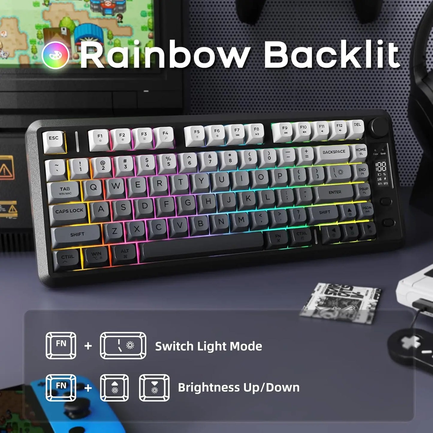 Rainbow backlit mechanical keyboard with customizable light modes and compact design.