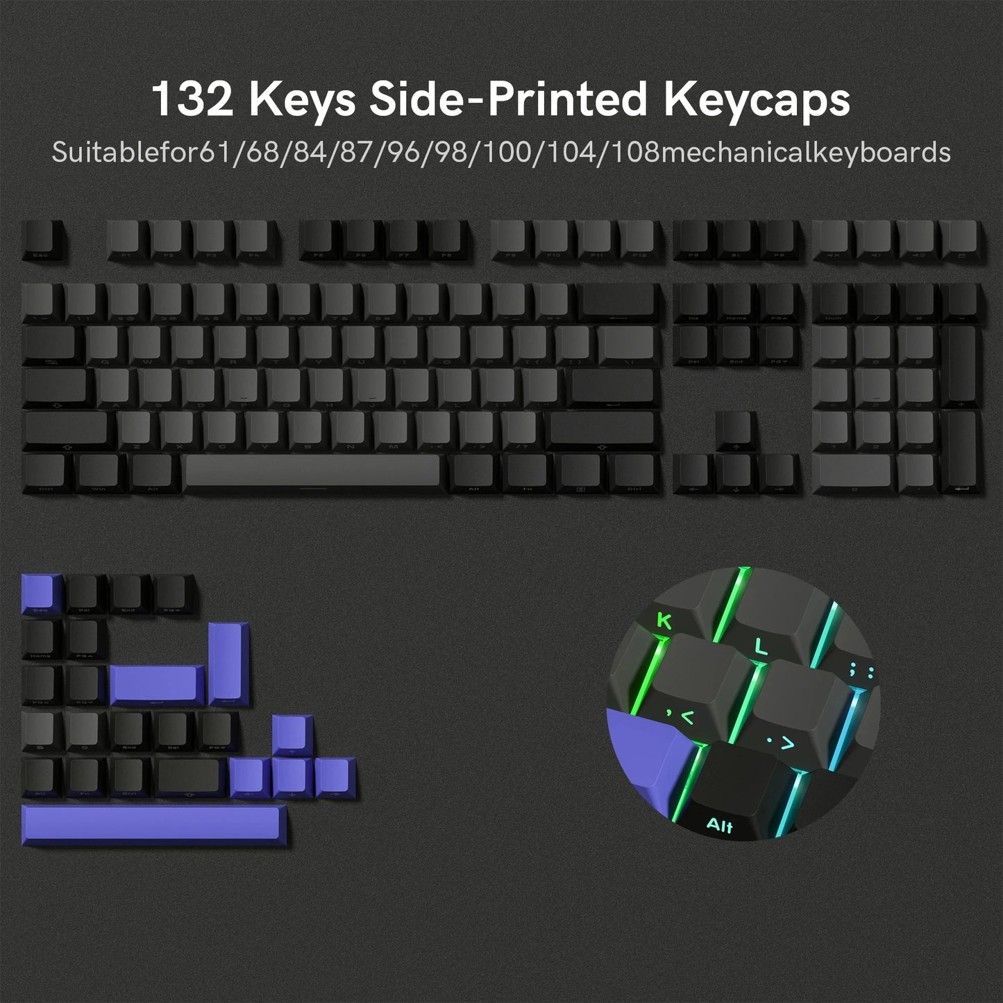 136-Key Black Side-Lit Backlit Keycaps for MX Switch Mechanical Keyboard