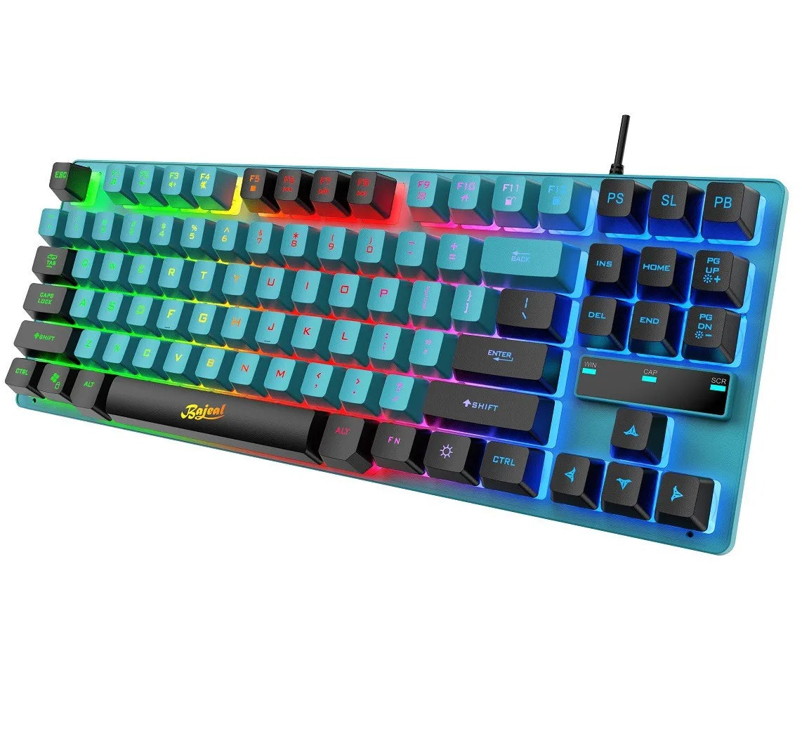 RGB gaming keyboard with blue and black keycaps, backlit keys, and sleek design for enhanced gaming experience.
