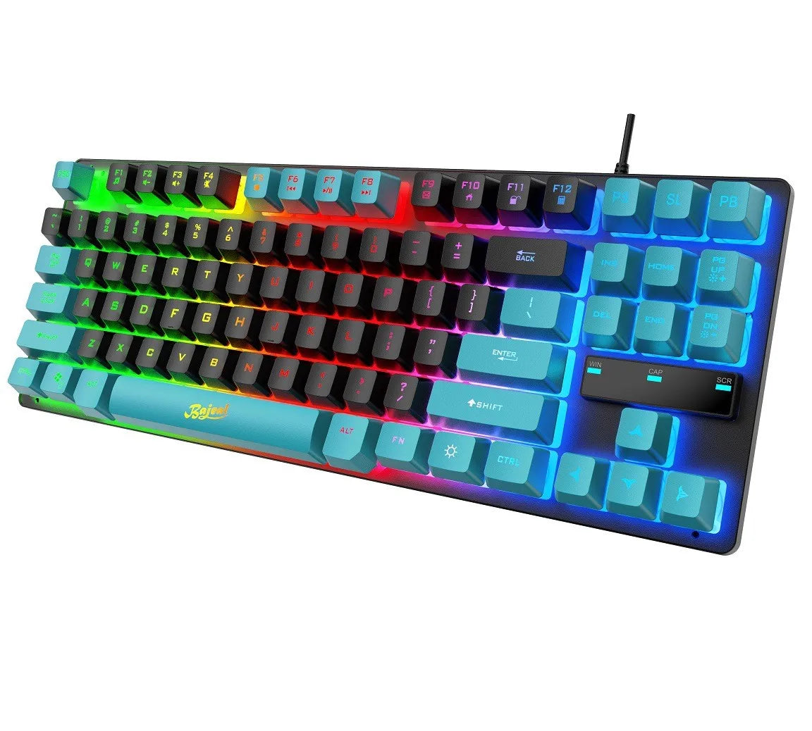 RGB backlit mechanical keyboard with black and blue keys, featuring customizable lighting effects.