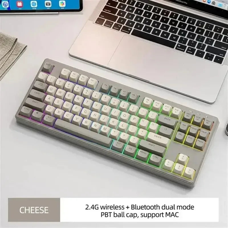 Wireless Bluetooth mechanical keyboard with PBT caps, gray color, compatible with MAC.
