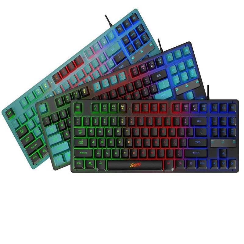 RGB backlit mechanical keyboards in black, blue, and red designs for gaming and typing.